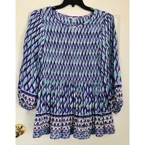 FLORAL & IVY WOMEN'S TOP GEOMETRIC MULTICOLOR BOHO PEASANT BOHEMIAN 3/4 SLEEVE